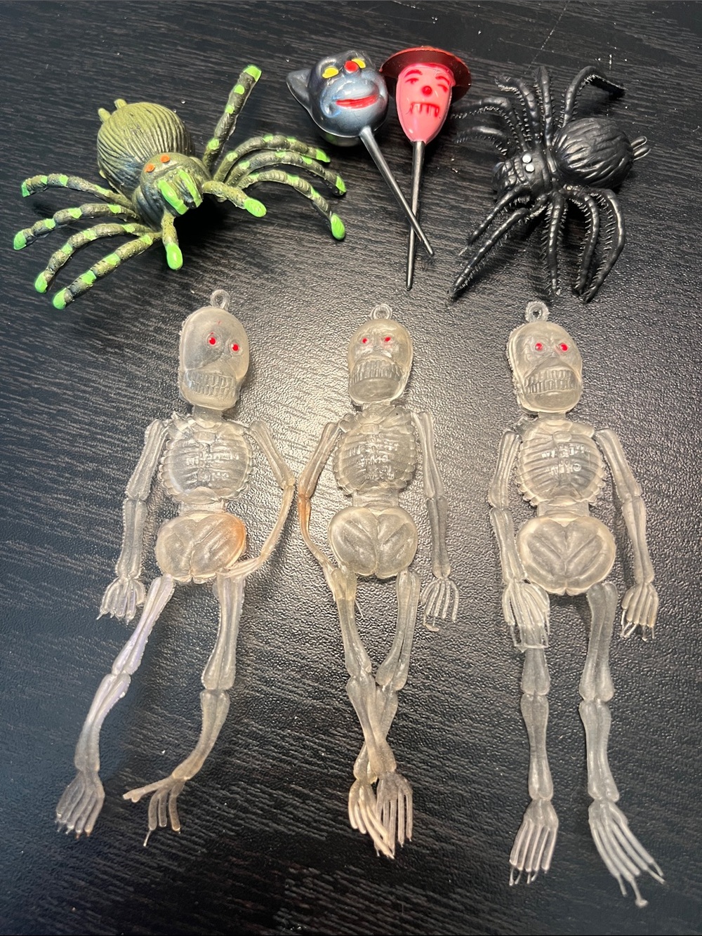 Vintage Halloween Witch Cat Rubber Cake Toppers, Spiders, Skeleton Decorations